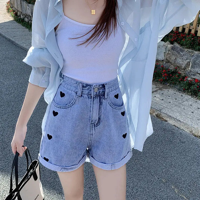 "Hearts" - High Waist Jeans Shorts - Jeans #