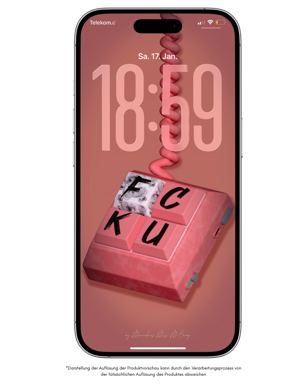 Das Bild zeigt einen iPhone-Sperrbildschirm mit einem individuellen Hintergrund: eine 3D-Darstellung einer großen, rosa Tastenkappe, verbunden mit einem spiralförmigen Kabel. Die Buchstaben „F“, „C“, „K“ und „U“ sind auf der Tastenkappe zu sehen. Es handelt sich um ein digitales Kunstwerk, das als Handyhintergrund online verkauft wird. Am unteren Rand steht ein Haftungsausschluss zur Auflösungsdarstellung.