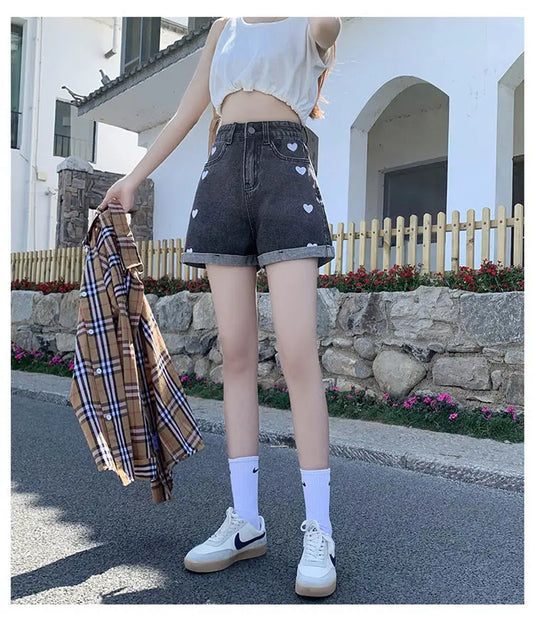 "Hearts" - High Waist Jeans Shorts -   Jeans #